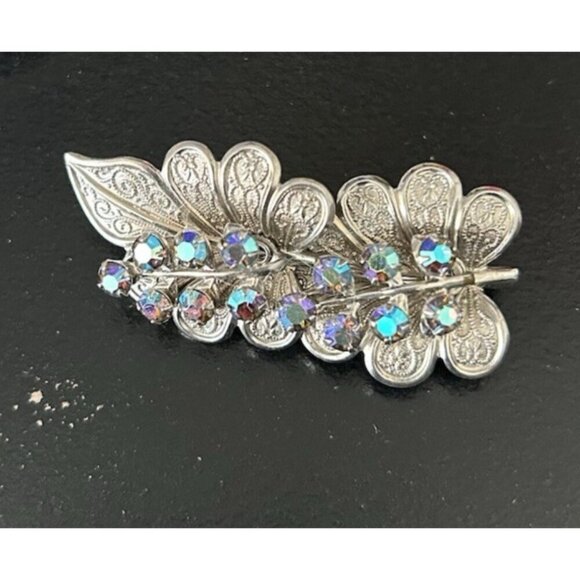 Vintage Silver Tone Leaf w/ Smoky AB Rhinestone Brooch Pin 2" Long - Picture 1 of 3